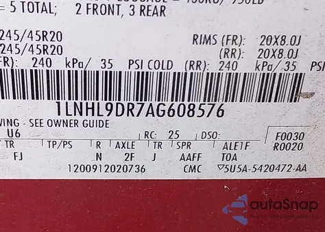 2010 Lincoln Mks z USA, uszkodzony, nr VIN 1LNHL9DR7AG608576